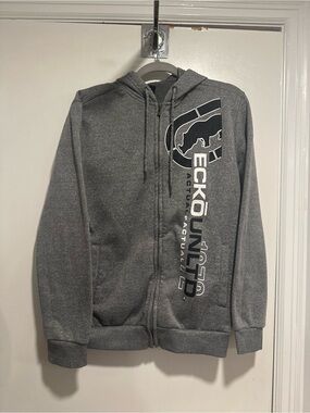 NWOT Ecko Unltd Gray Y2K Style Sz:M Rhino Graphic Zip-Up Spellout Logo Hoodie.